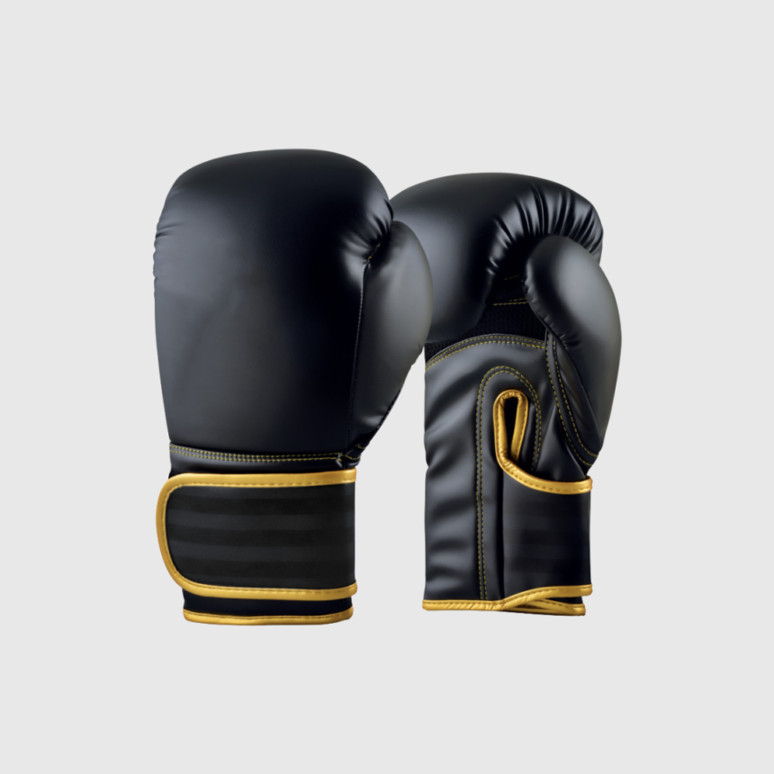Boxing Glove (10) Black boxing gloves with gold trim on wrist strap
