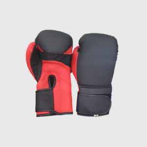 Red and black boxing gloves with black wrist strap