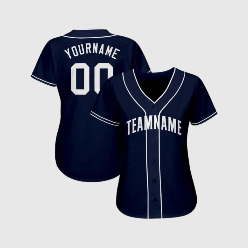 Navy women's baseball jerseys with white Yourname and Teamname lettering